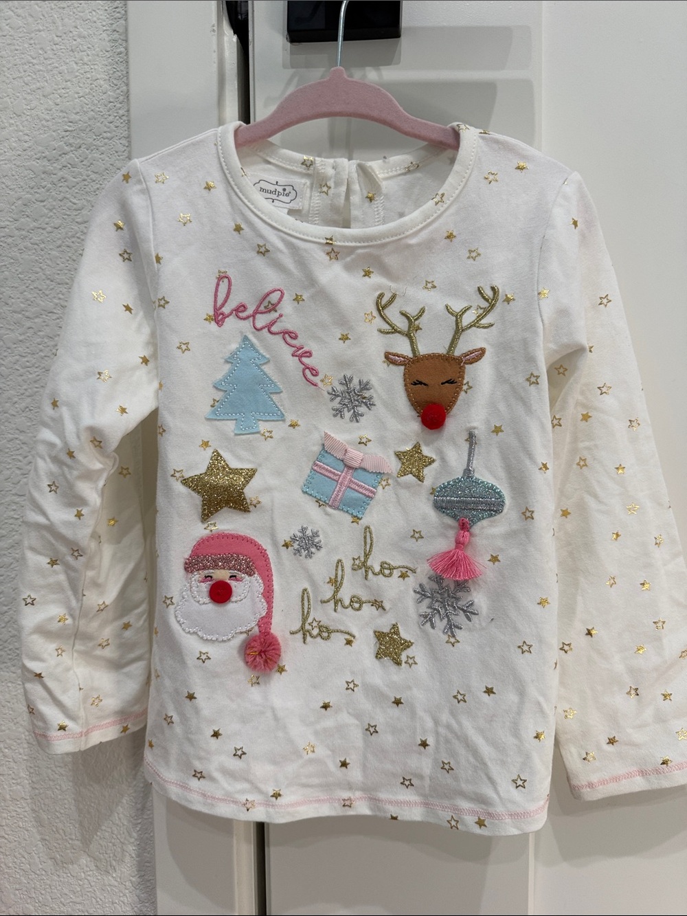 Kids Holiday Long-Sleeve Top - White with Festive Embellishments